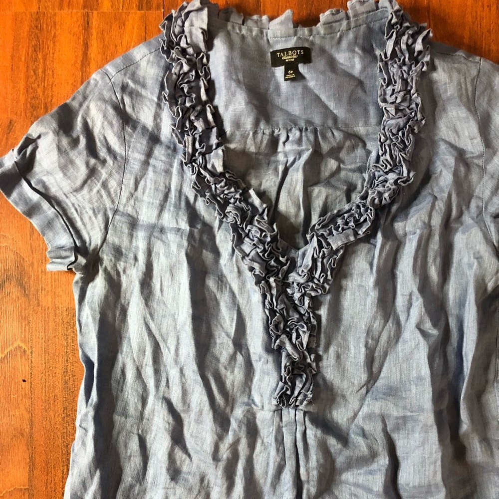 Denim Blue Talbots Petite Ruffle Short Sleeve Top
